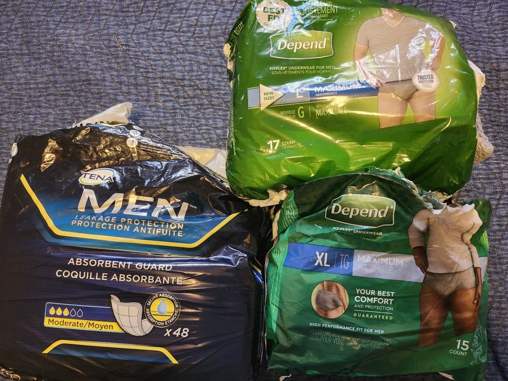 Men's XL-L Depends/Tena Men Pads-All Together