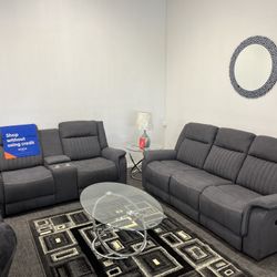 2 Pc Gray Sofa & Loveseat Recliner Set/ $10 EZ Down Payment Options