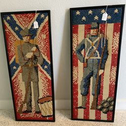 Vintage Framed Cross Stich  Civil War Soldiers