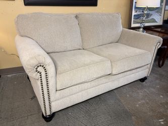 ASHLEY Milari Linen Beige Roll Arm Loveseat w/ Nailhead Trim