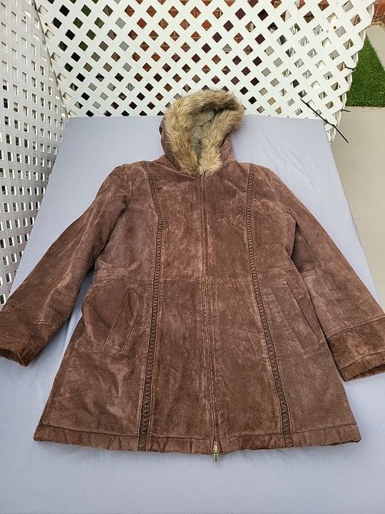 Wilsons Leather Hooded Coat Faux Fur Trim Sherpa Lined Full Zip Brown Size Large
