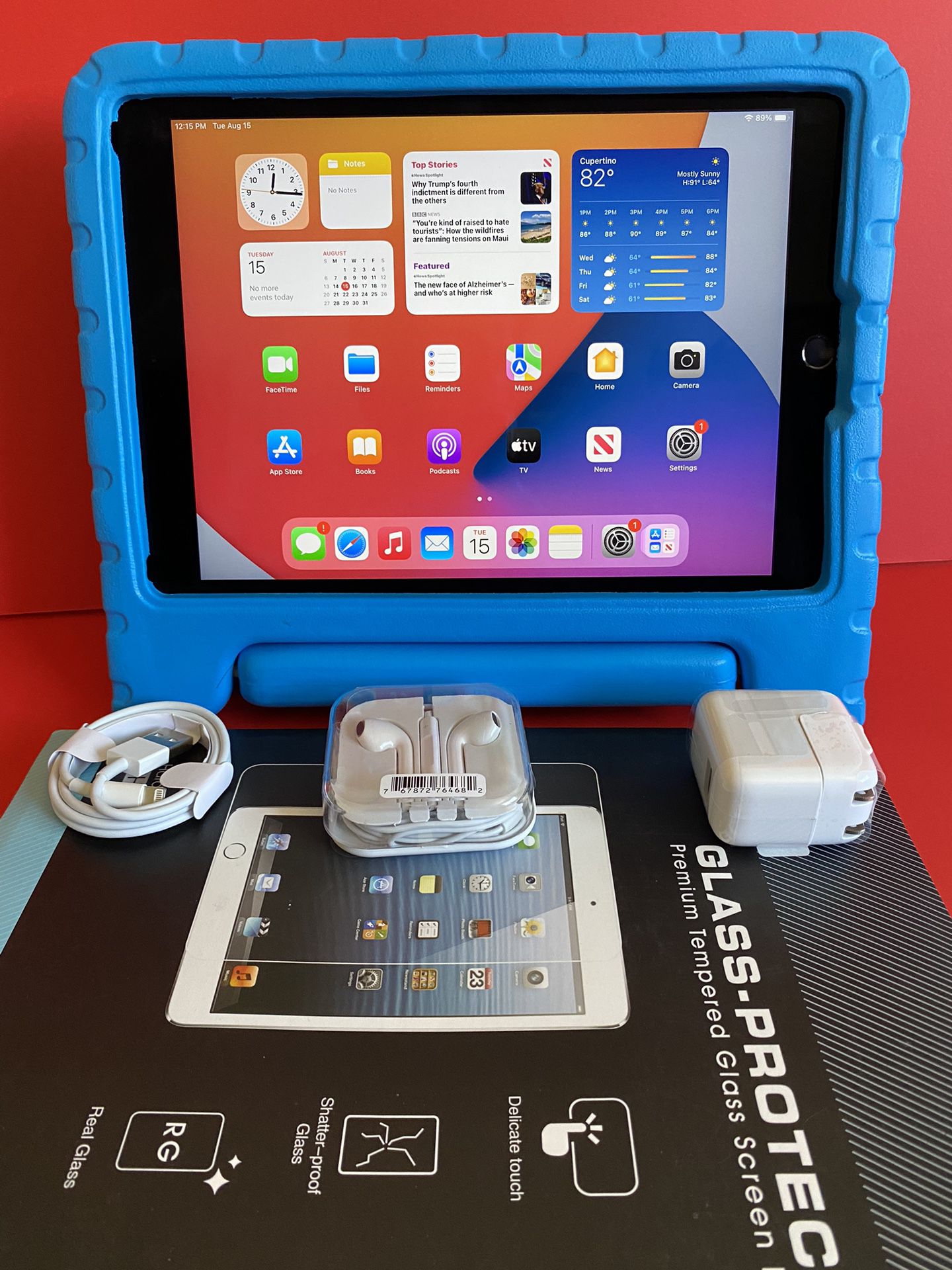 Apple IPad Air 2 (9.7” Retina / Touch ID / iOS 15) 16GB / 32GB / 64GB with kids case, glass & Accessories (Youtube / zoom / Roblox etc supported) 