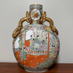 Vintage Large Chinese Famille Rose Porcelain Figural Orange Moon Flask Vase With Dragons