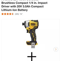 Exclusive DEWALT ATOMIC 20V MAX Cordless Brushless Compact 1/4 in. Impact Driver with 20V 3.0Ah Compact Lithium-Ion Battery