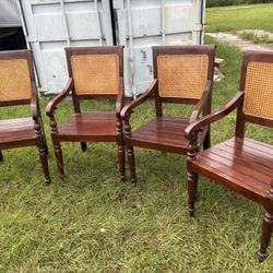 Four Wicker And Solid Wood Dining Chairs