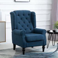 Fabric Tufted Club Accent Chair with Wooden Legs, Blue