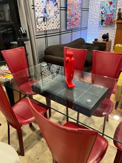 6  Red Chairs with Table/w Drawer