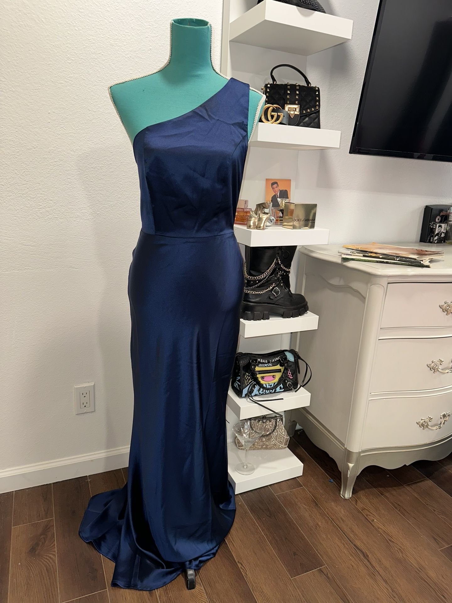 Navy Satin Fashion Nova Maxi Dress, Size Small