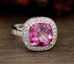 Pink Stone & CZ Halo Ring – Size 6 Sterling Silver