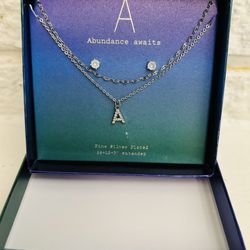 A Abundance awaits Fine Silver Plated 10+18+3 extender CHAIN WITH NECKLACE A AND EARRINGS BRAND NEW WITH BOX