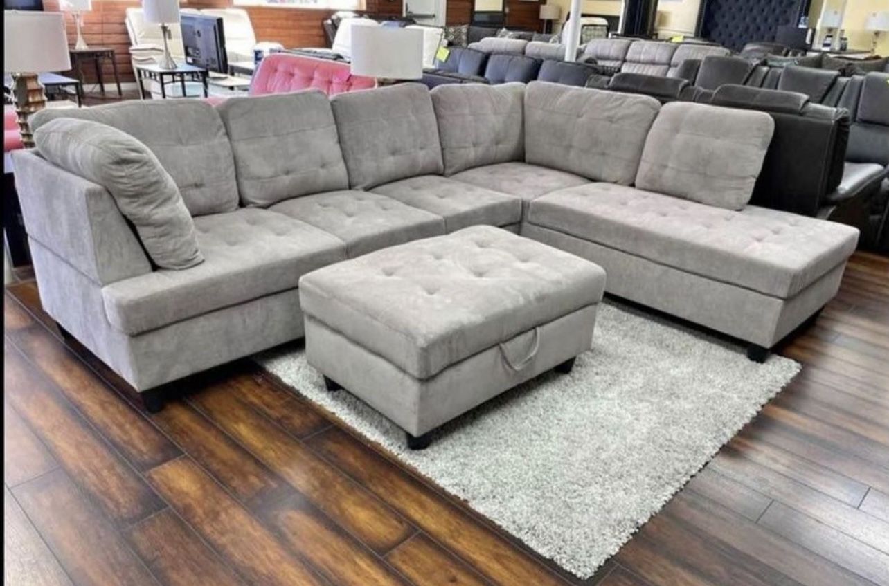 COSTCO Gray Chenille Sectional Couch And Ottoman