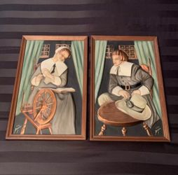 C E Pearson Embossed Painted 3D Copper Pictures Wall Art Pilgrims - Set of 2
