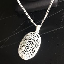 White Enamel Oval Pendant Necklace Open Work Design On White Enamel Chain
