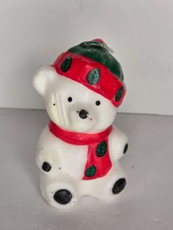 Vintage Christmas Polar Bear Candle Red Green Winter Hat Scarf Holiday Decor