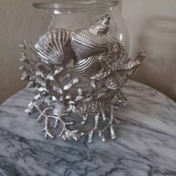  Nautical Vase Fish Bowl/Candle Holder. Silver Coral Shell Decor. Metal Base