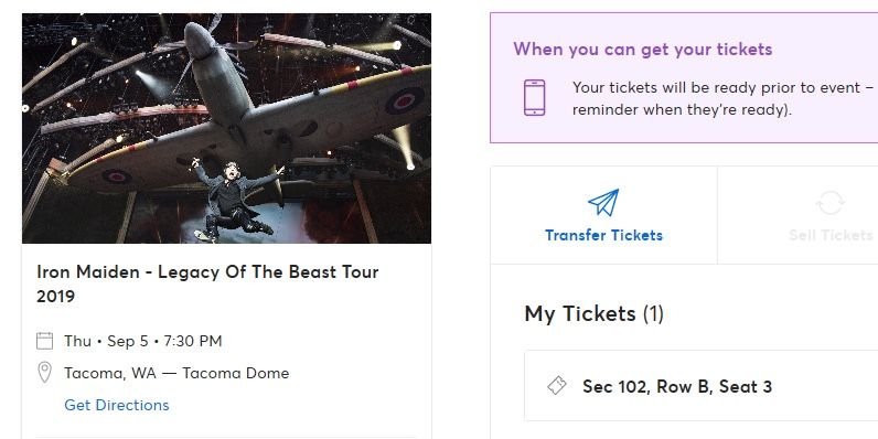 Iron Maiden Tacoma Dome 9/5 ticket