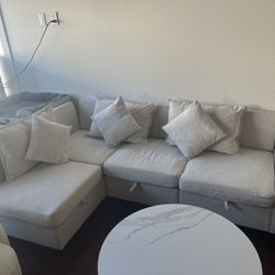 White Corner Sofa with Chaise and Storage