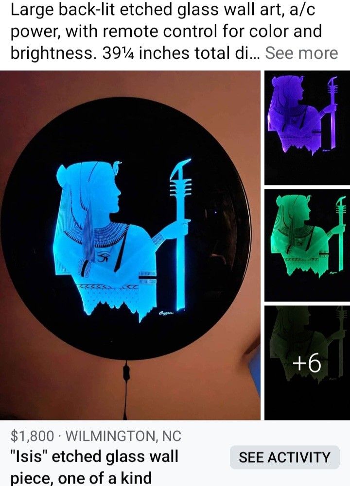 Egyptian Goddess Isis Lighted Etched Glass Wall Piece, Remote Control Leds