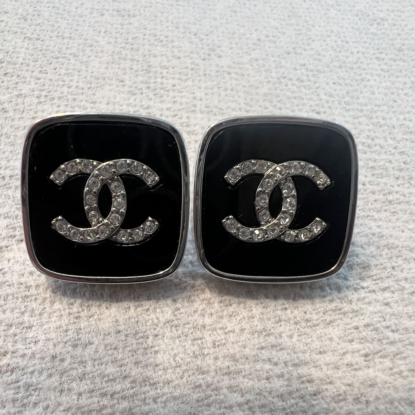 Authentic Chanel Silver And Black Rhinestone Pierced Earrings