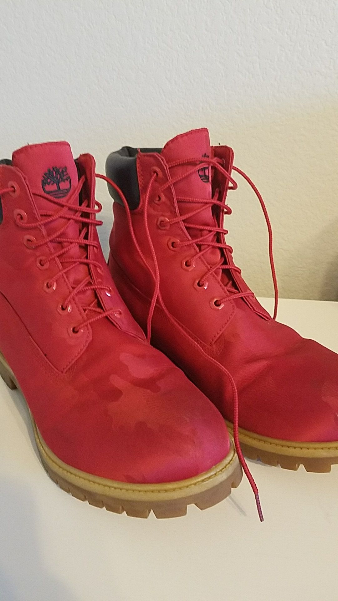 Red camo timberland boots (size 12)