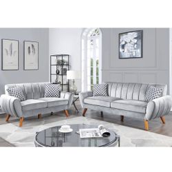 Brand New In Box Firm Price $580 Light Grey Velvet Sofa Loveseat Set Mid-century Style Velvet Vertical Tuft Angled Wood Legs