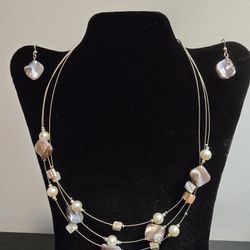 Faux Pearl Bead & Shell 3 Strand Wire Floating Necklace Earrings Set Earth Toned