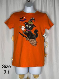 Halloween Black Cat Graphic T-Shirt Size L