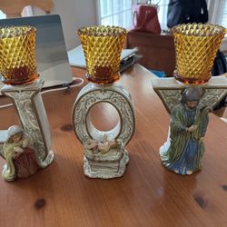 Nativity JOY Candle Holder Set w/ Amber Votives – Excellent Condition