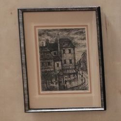 Signed European Street Scene Etching