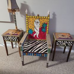 Eclectic KINGS CHAIR, LAMP and TABLES 