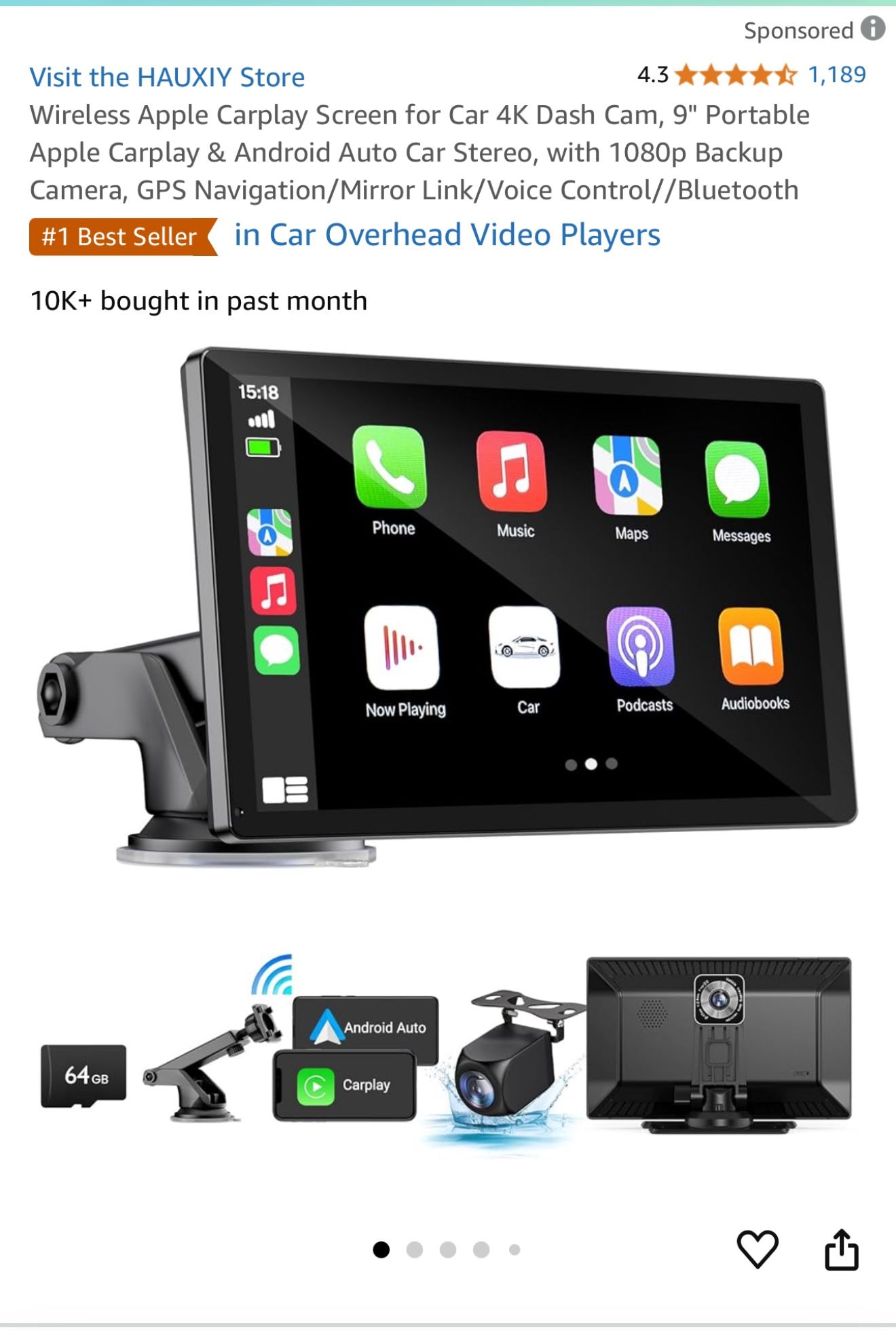 Wireless Carplay Screen For Car - 9'' Portable Car Stereo With 4K Dash Cam, 1080P Backup Camera, Car Audio Receivers With Apple Carplay & Android Auto