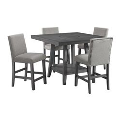 Counter Height Dining Set - Square Table with Lazy Susan + 4 Gray Chairs