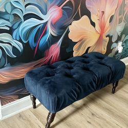 Blue Velvet Ottoman (Broken Leg)