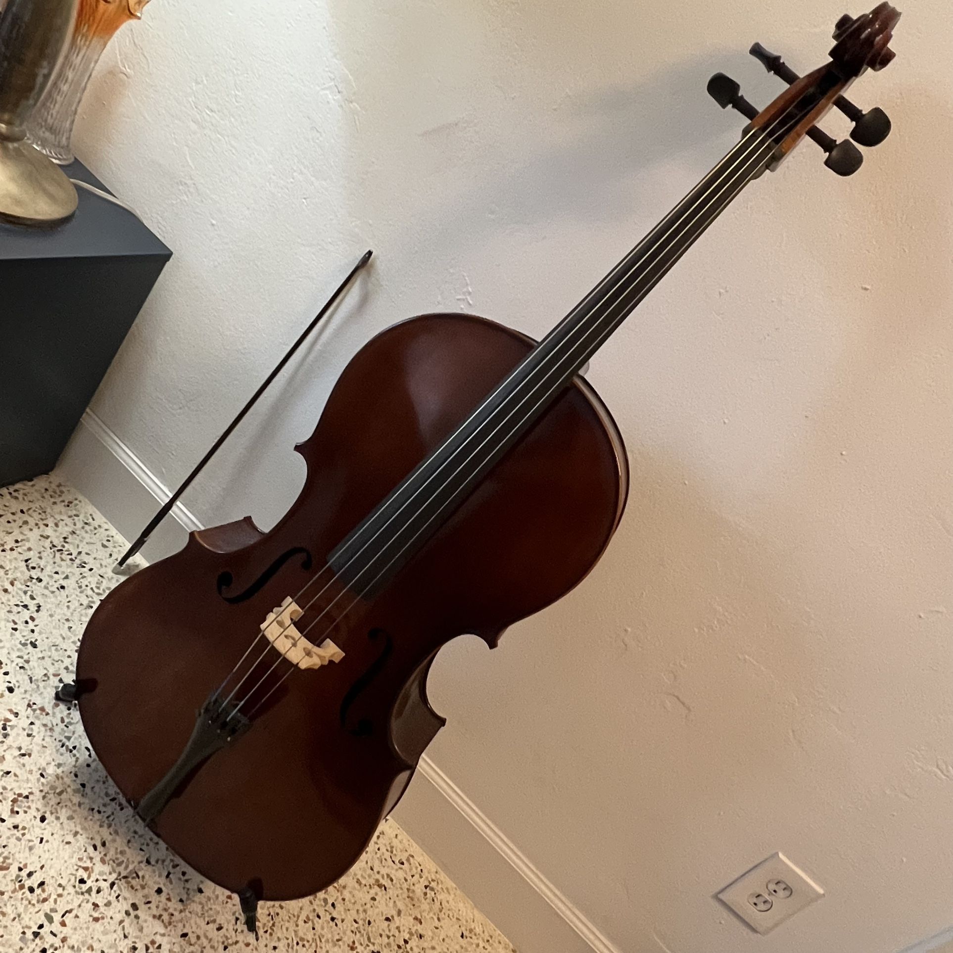 Beautiful Cello With Bow, Resin & Metal Stand