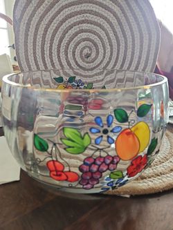 Fifth Avenue Crystal LTD fruit bowl made in Romania with hand-painted fruit and floral designs and a 22k gold trim.