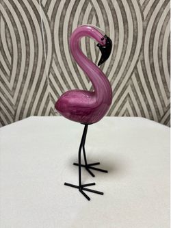 Pink blown glass flamingo bird with metal black legs