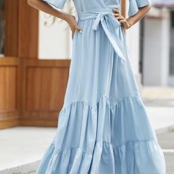 Baby Blue V Neck Beach Maci Ruffle Dress