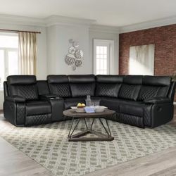 New Black Leather Fully Reclining Sectional Couch 
