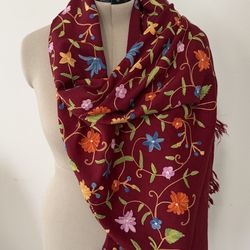 Embroidered Floral Scarf - Red and Multicolor 76” to 27” cotton + wool