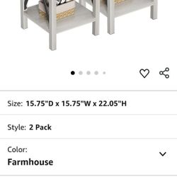 Treocho Farmhouse End Table Set of 2, Rustic Vintage Nightstand Side Table with Shelf for Living Room, Antique White & Brown
