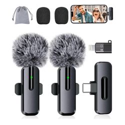 Brand new Wireless Mini Microphone for iPhone, Android - 2 Pack Lavalier Microphone for Video Recording, 2 In 1 Noise Reduction Lapel Mic for Ipad, Cl