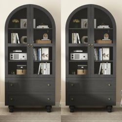 Set of 2. Arched Kitchen Pantry Cabinet, 71" Tall Wood Storage Cabinet with 2 Glass Doors, 4 Shelves and 2 Drawers, Food Cabinet for Kitchen, Living