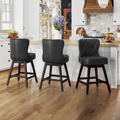 Set of 3, 26" H Swivel Bar Stool with Back. Black