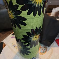 Made In Italy For Pottery Barn. Beautiful Green Ceramic Vase With Navy Blue Flowers And yellow Centers 