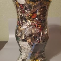 Large Glass Vase Stuff Full Of Jewelry 