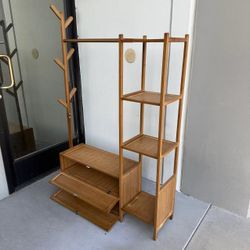 New In Box 41x12x63 Inch Tall Bamboo Garment Stand Coat Clothes Rack Hanger With Shelf Organizer Cabinet Brown Color