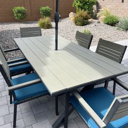 Outside Table, 6 Chairs With Cushions, Umbrella And Stand
