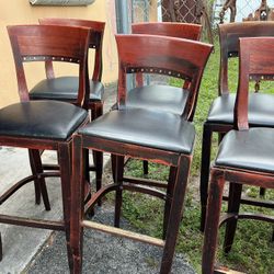 Cushion  Wooden High Top Bar Stools With Backs, Brown Chairs