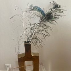 Gold Ceramic Sculptural Vase with Feathers