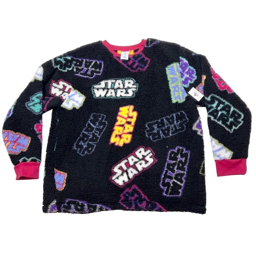 Disney Star Wars Sherpa Fleece Pullover Sweater Men Large Black All Over New